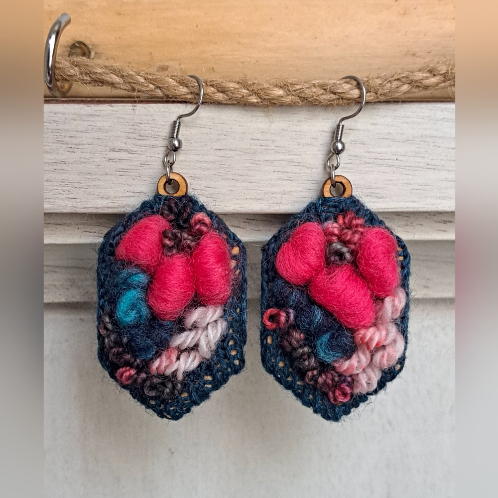 Hand Knit Embroidered Earrings Multicolor Dark Green Pink Wool